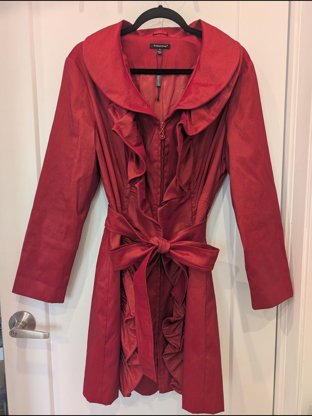 Samuel Dong Designer Red Ruffle Tie-Waist Trench Coat